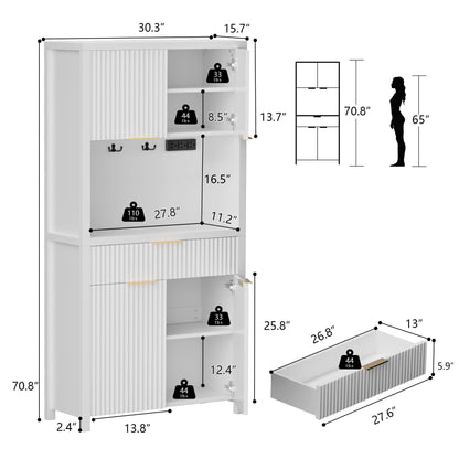 Laintene Fluted Cabinet Set - 70.8"H Pantry with Power Outlet, 55" L Sideboard with Storage Drawers, Adjustable Shelves Storage, White