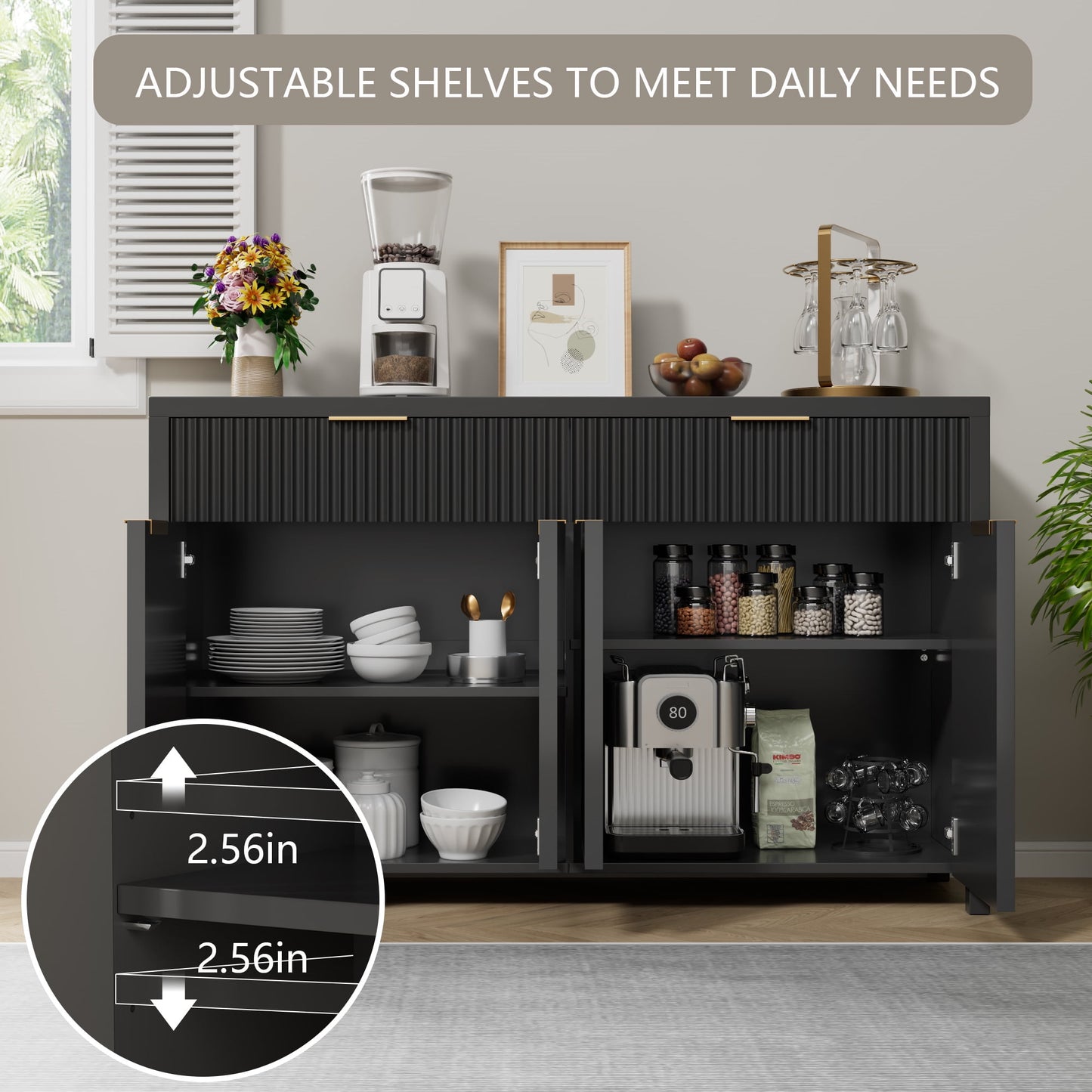 Laintene Fluted Sideboard, Storage Buffet Cabinet with Drawers, 55" TV Cabinet for Living Room with Adjustable Shelves, Wooden Accent Cabinet, Black Set of 2