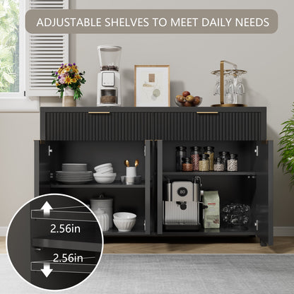 Laintene Fluted Sideboard, Storage Buffet Cabinet with Drawers, 55" TV Cabinet for Living Room with Adjustable Shelves, Wooden Accent Cabinet, Black Set of 2