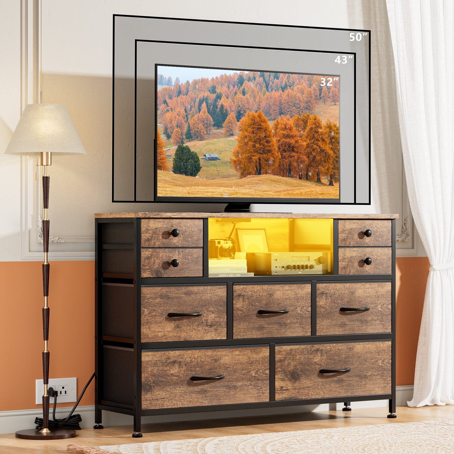 Laintene Bedroom Dresser with LED Lights, 9-Drawer Fabric Chest of Drawers, Dresser TV Stand with Power Outlet and Side Pocket, Wide Storage Unit for up to 50" TV, Brown