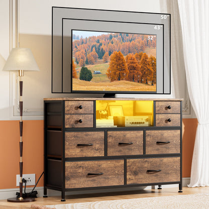 Laintene Bedroom Dresser with LED Lights, 9-Drawer Fabric Chest of Drawers, Dresser TV Stand with Power Outlet and Side Pocket, Wide Storage Unit for up to 50" TV, Brown