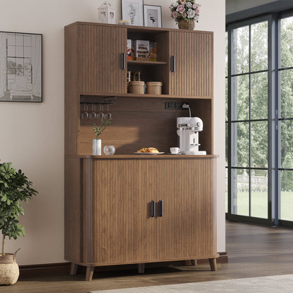 Laintene Kitchen Pantry Cabinet with Wine Rack, Storage Cabinet with Tambour Sliding Doors and Outlet, Bar Cabinet with Glass Holder, Pantry Storage for Living Room, Kitchen, Entryway, Walnut