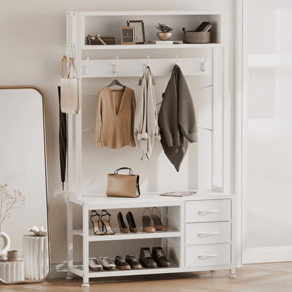 Industrial Hall Tree with Bench – 5-in-1 Entryway Organizer with 7 Hooks, 3 Drawers & Shoe Storage, Heavy-Duty Coat Rack for Hallway, Living Room, White