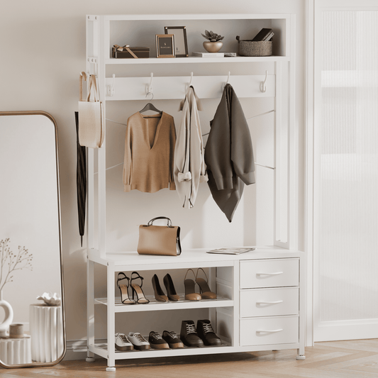 Industrial Hall Tree with Bench – 5-in-1 Entryway Organizer with 7 Hooks, 3 Drawers & Shoe Storage, Heavy-Duty Coat Rack for Hallway, Living Room, White