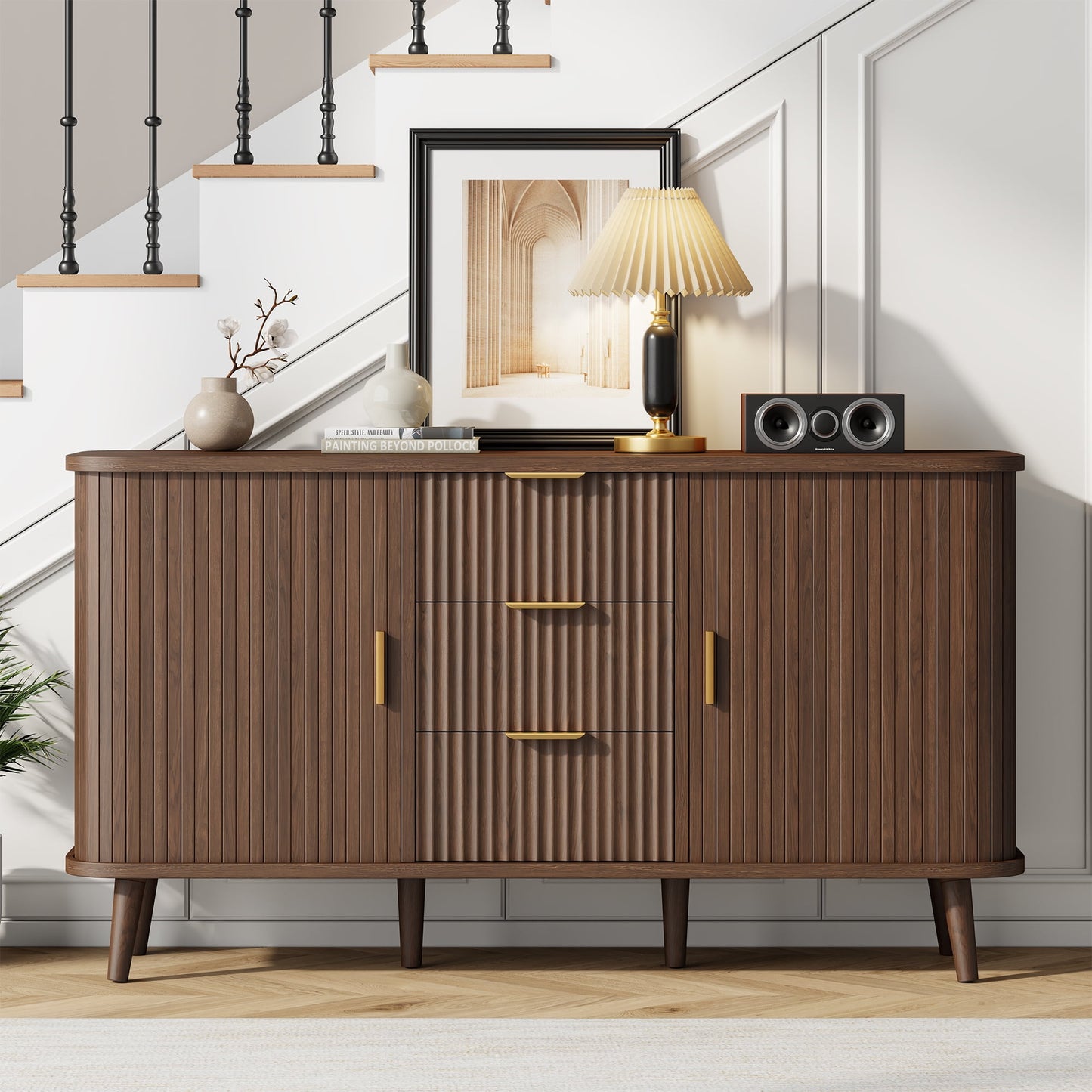 Laintene Sideboard with 3 Drawer, 55" Buffet Cabinet with 2 Sliding Tambour Doors, Modern Fluted Storage Cabinet for Kitchen, Living Room, Hallway, Walnut
