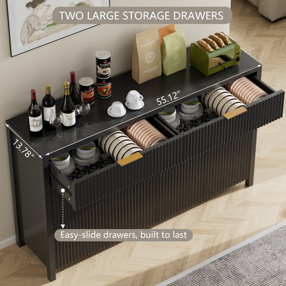 Laintene Fluted Sideboard, Storage Buffet Cabinet with Drawers, 55" TV Cabinet for Living Room with Adjustable Shelves, Wooden Accent Cabinet, Black Set of 2