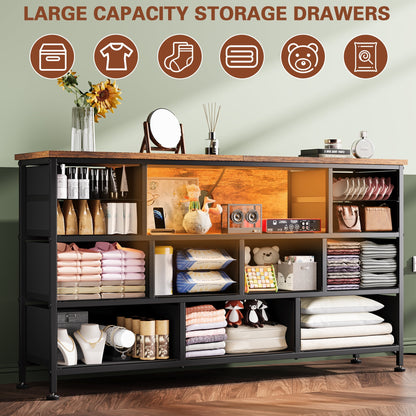 Laintene TV Stand 60 inch, Dresser for Bedroom with LED Lights Power Outlets, 11 Drawer Dresser TV Stands for Living Room, Fabric Chest of Drawers, Brown