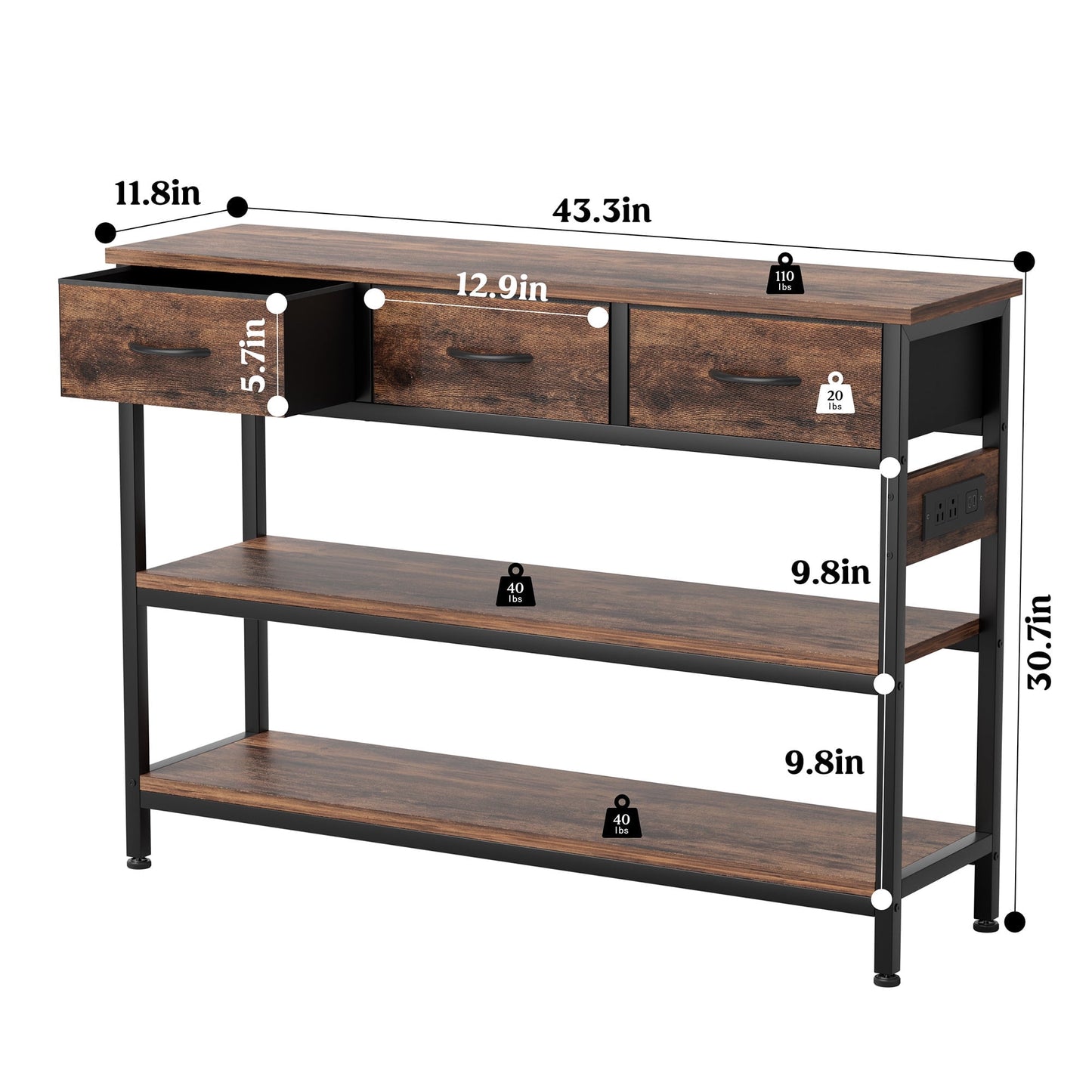 Valu4me 43.3" Console Table with Power Outlets & USB Ports, Narrow Sofa Table with 3 Fabric Drawers for Hallway, Foyer, Living Room, Rustic Brown
