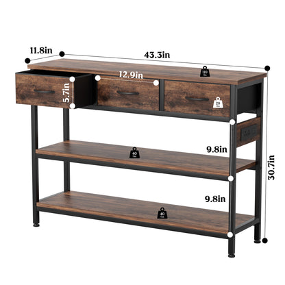 Valu4me 43.3" Console Table with Power Outlets & USB Ports, Narrow Sofa Table with 3 Fabric Drawers for Hallway, Foyer, Living Room, Rustic Brown