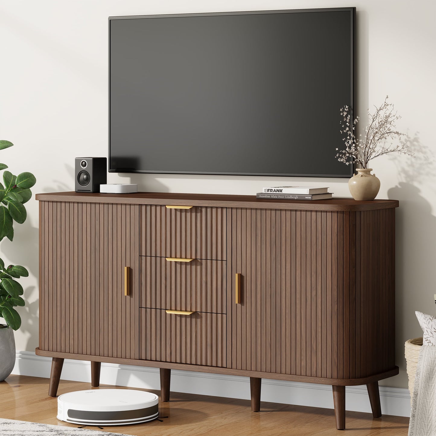 Laintene Sideboard with 3 Drawer, 55" Buffet Cabinet with 2 Sliding Tambour Doors, Modern Fluted Storage Cabinet for Kitchen, Living Room, Hallway, Walnut