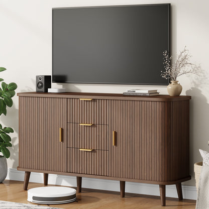 Laintene Sideboard with 3 Drawer, 55" Buffet Cabinet with 2 Sliding Tambour Doors, Modern Fluted Storage Cabinet for Kitchen, Living Room, Hallway, Walnut
