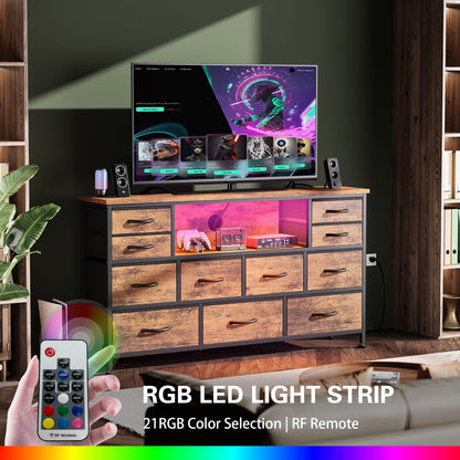 Laintene TV Stand 60 inch, Dresser for Bedroom with LED Lights Power Outlets, 11 Drawer Dresser TV Stands for Living Room, Fabric Chest of Drawers, Brown