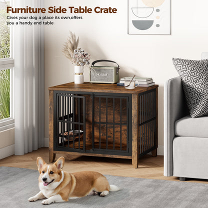 Laintene Dog Crate with Bowls, Heavy Duty Wooden Dog Crate Furniture, 31" Indoor Dog Kennels for Small/Medium Dogs, Brown