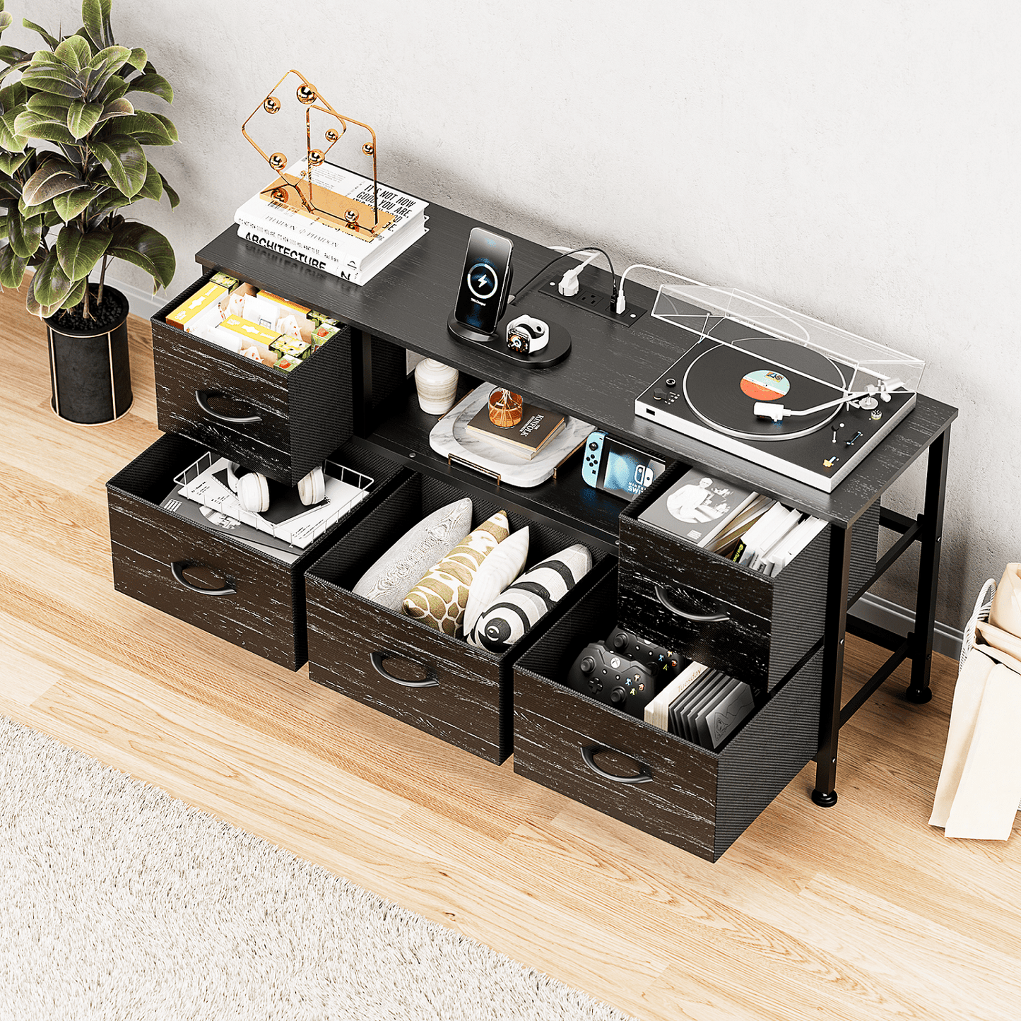 TV Stand Dresser with Power Outlets and LED Lights, 5 Drawer Console for 50 Inch TV, Dresser for Bedroom, Closet, Hallway
