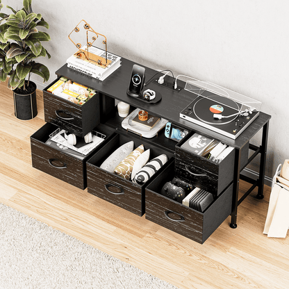 TV Stand Dresser with Power Outlets and LED Lights, 5 Drawer Console for 50 Inch TV, Dresser for Bedroom, Closet, Hallway