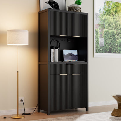 Laintene Pantry Storage Cabinet with Charging Station, Tall Kitchen Pantry with Microwave Shelves, Fluted Storage Cabinet with Open Countertop and Drawer for Dining Living Room, Black