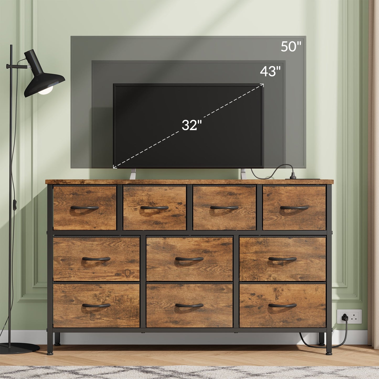 Laintene Dresser for Bedroom, TV Stand for 55" Long TV with Power Outlet, 10 Drawer Dresser for Closet, Fabric Chest of Drawers Entertainment Center for Living Room, Hallway, Entryway, Brown