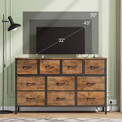 Laintene Dresser for Bedroom, TV Stand for 55" Long TV with Power Outlet, 10 Drawer Dresser for Closet, Fabric Chest of Drawers Entertainment Center for Living Room, Hallway, Entryway, Brown