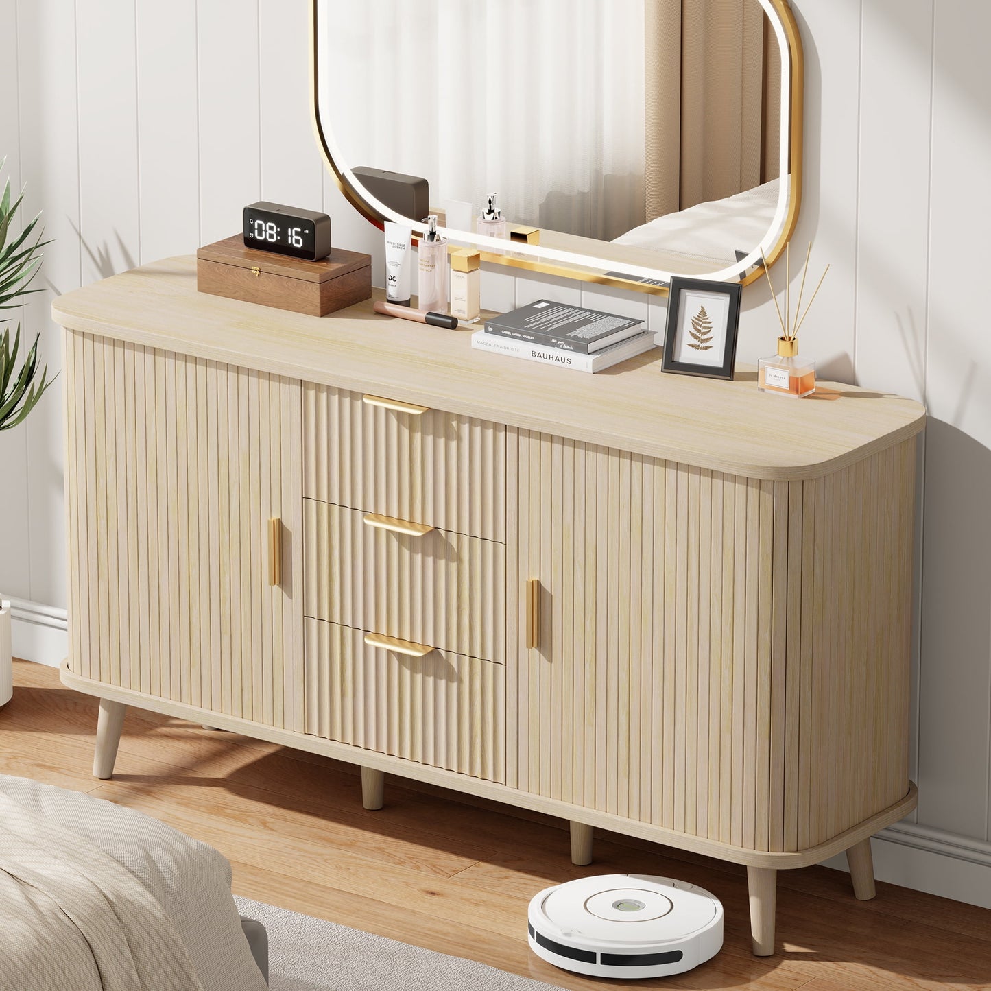 Laintene Sideboard with 3 Drawer, 55" Buffet Cabinet with 2 Sliding Tambour Doors, Modern Fluted Storage Cabinet for Kitchen, Living Room, Hallway, Natural Oak