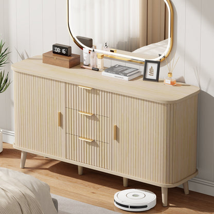 Laintene Sideboard with 3 Drawer, 55" Buffet Cabinet with 2 Sliding Tambour Doors, Modern Fluted Storage Cabinet for Kitchen, Living Room, Hallway, Natural Oak