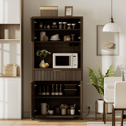 Laintene Pantry Storage Cabinet with Charging Station, Tall Kitchen Pantry with Microwave Shelves, Fluted Storage Cabinet with Open Countertop and Drawer for Dining Living Room, Walnut