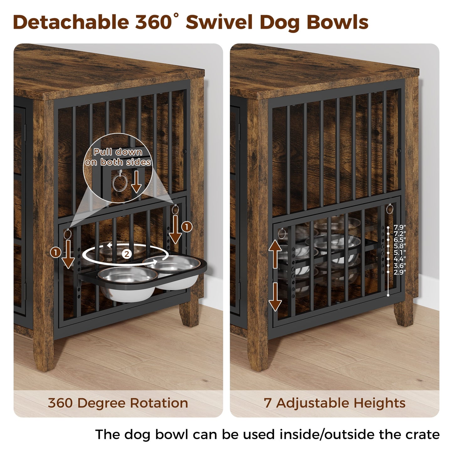 Laintene Dog Crate with Bowls, Heavy Duty Wooden Dog Crate Furniture, 37.7" Indoor Dog Kennels for Large Dogs, Brown