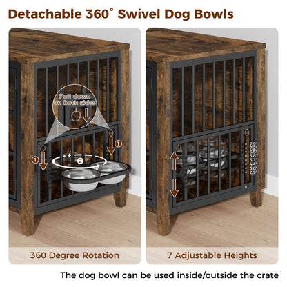Laintene Dog Crate with Bowls, Heavy Duty Wooden Dog Crate Furniture, 37.7" Indoor Dog Kennels for Large Dogs, Brown