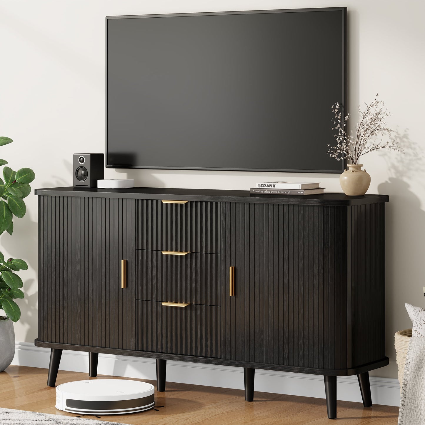 Laintene Sideboard with 3 Drawer, 55" Buffet Cabinet with 2 Sliding Tambour Doors, Modern Fluted Storage Cabinet for Kitchen, Living Room, Hallway, Black