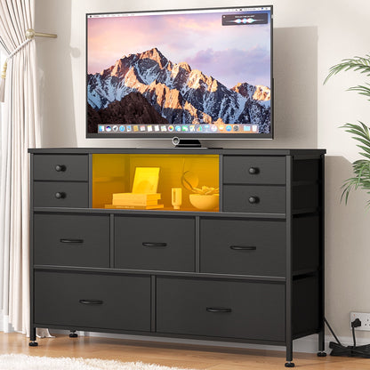 Laintene Bedroom Dresser with LED Lights, 9-Drawer Fabric Chest of Drawers, PU Black Dresser TV Stand with Power Outlet and Side Pocket, Wide Storage Unit for up to 50" TV