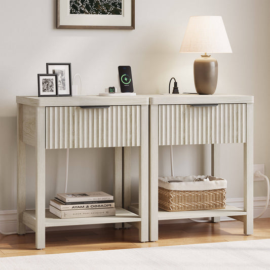 Laintene Fluted Nightstand Set of 2 - Modern Bedside Table with Drawer & Open Shelf, 2 AC Outlets + USB &Type-C for Bedroom & Living Room, White Oak