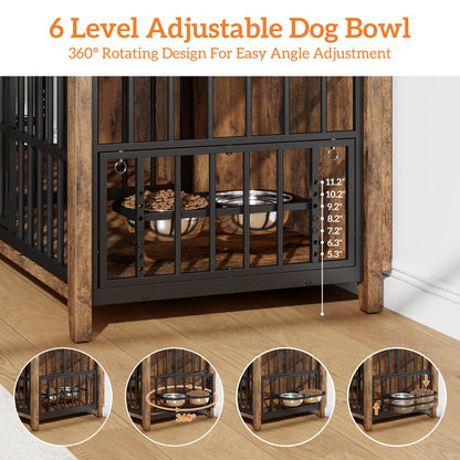 Laintene 78 Inch Dog Crate with Bowls, Heavy Duty Dog Crate Furniture for 2 Dogs, Indoor Wooden Dog Kennels for Large Dogs, Brown