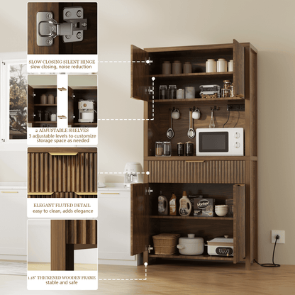Laintene Pantry Storage Cabinet with Charging Station, Tall Kitchen Pantry with Microwave Shelves, Fluted Storage Cabinet with Open Countertop and Drawer for Dining Living Room, Walnut