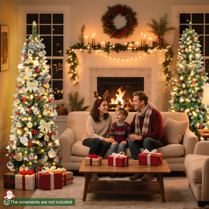 Laintene 6FT Pre-Lit Slim Pencil Christmas Tree | 200 Warm White LED Lights, 600 Tips, 40 Pine Cones & 280 Red Berries, Hinged Design for Small Spaces