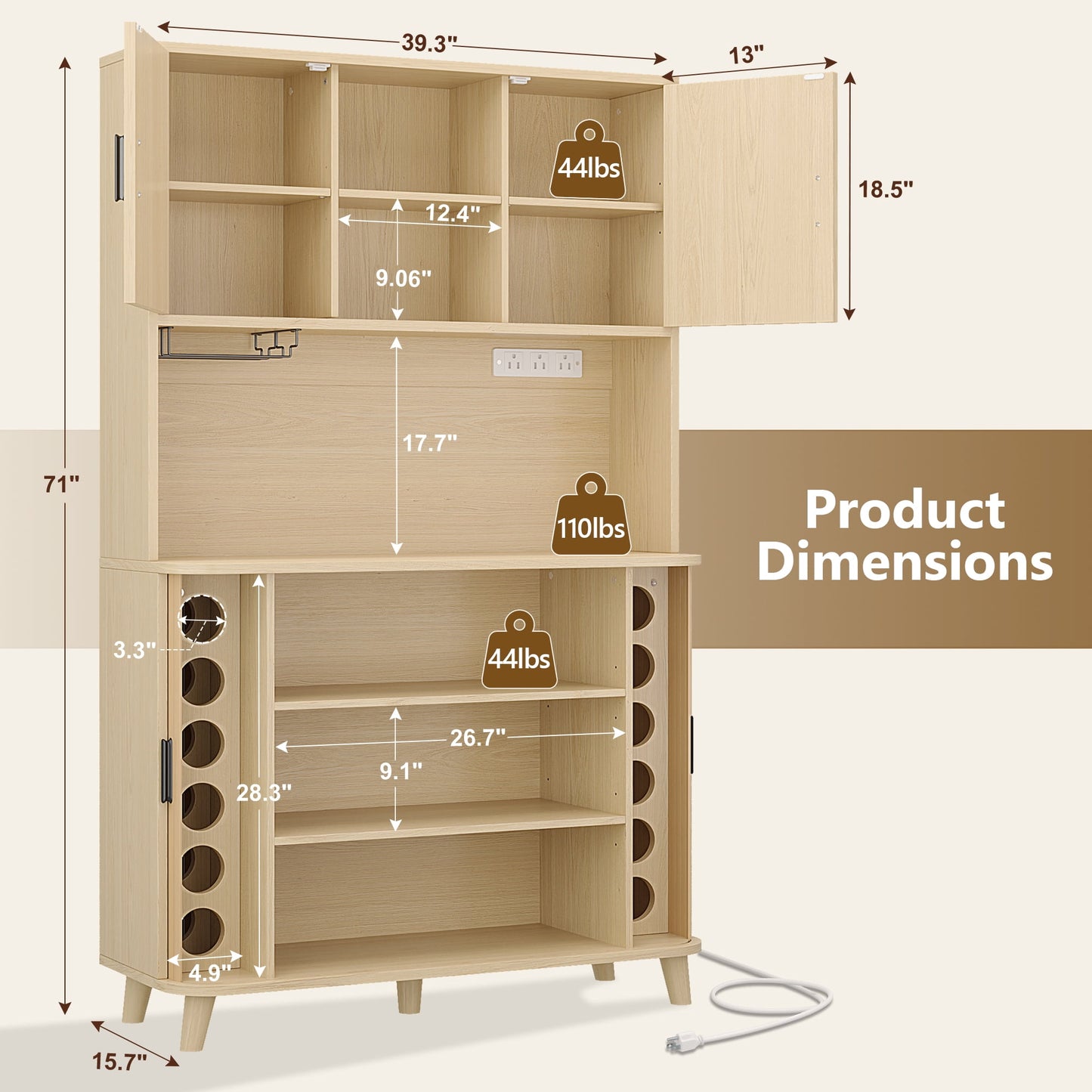 Laintene Kitchen Pantry Cabinet with Wine Rack, Storage Cabinet with Tambour Sliding Doors, Bar Cabinet with Glass Holder, Pantry Storage for Living Room, Kitchen, Entryway, Natural Oak