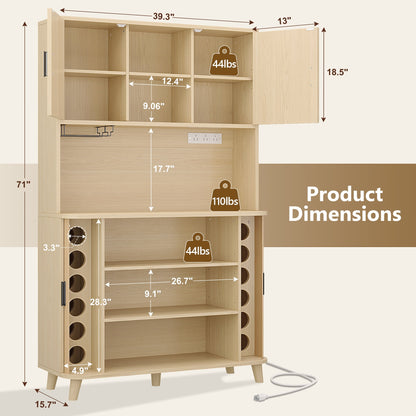 Laintene Kitchen Pantry Cabinet with Wine Rack, Storage Cabinet with Tambour Sliding Doors, Bar Cabinet with Glass Holder, Pantry Storage for Living Room, Kitchen, Entryway, Natural Oak