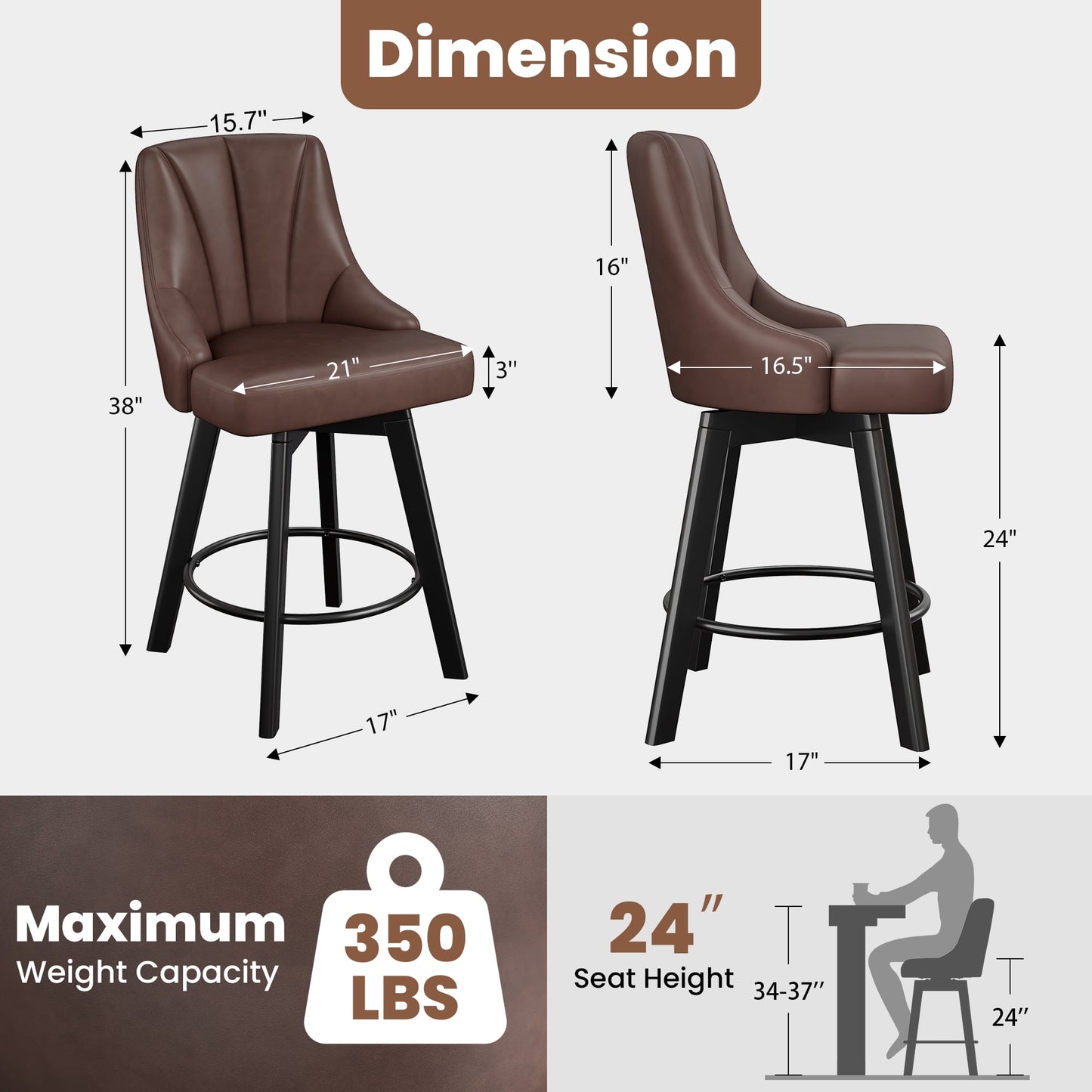 LainTene 24" Counter Height Swivel Bar Stools Set of 4, PU Leather Upholstered Counter Barstools with Solid Wood Legs and Backs for Kitchen Island, Home Bar