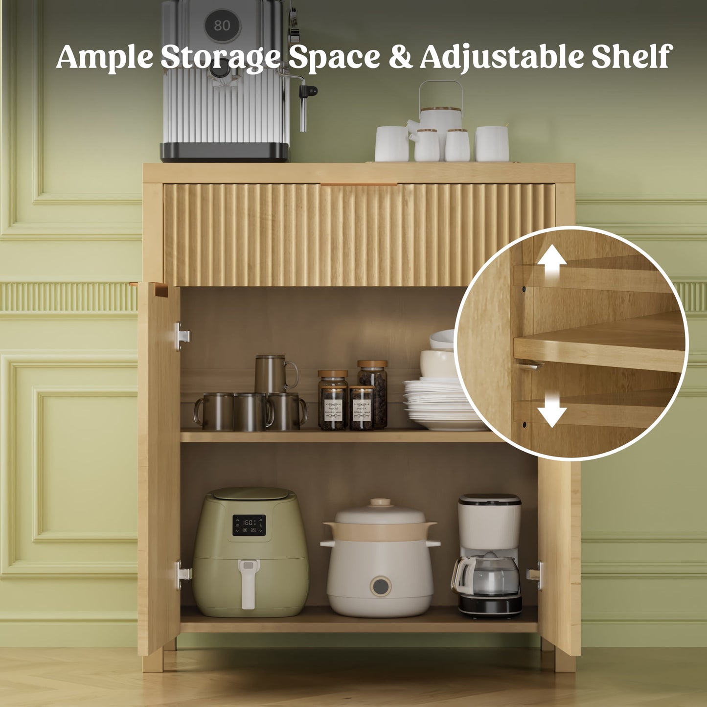 Laintene Storage Cabinet Set of 3, Sideboard Buffet Cabinet with Storage Drawer and Adjustable Shelf, 28" Wooden Accent Entryway TV Cabinet for Living Room, Natural Oak