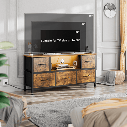 TV Stand Dresser with Power Outlets and LED Lights, 5 Drawer Console for 50 Inch TV, Dresser for Bedroom, Closet, Hallway
