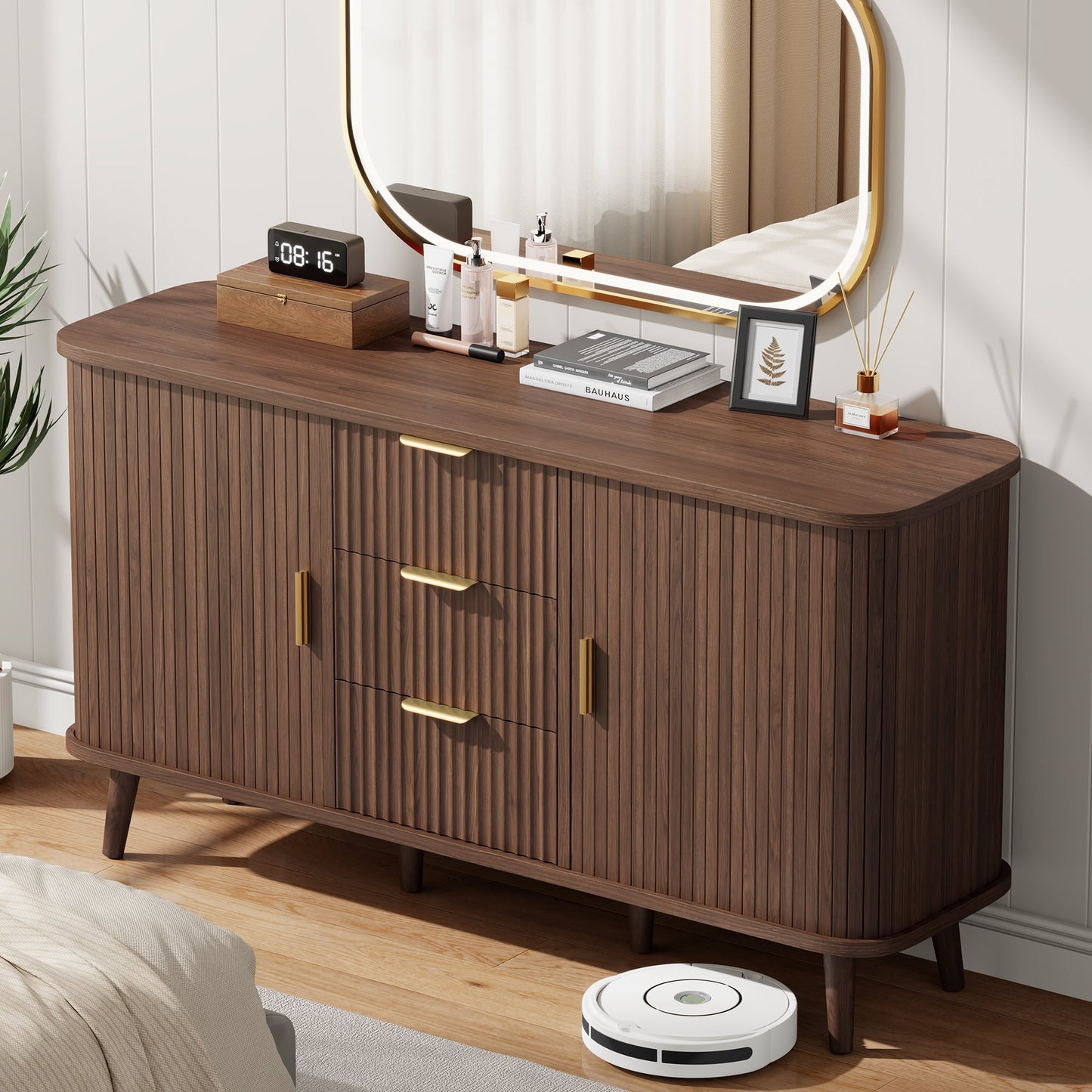 Laintene Sideboard with 3 Drawer, 55" Buffet Cabinet with 2 Sliding Tambour Doors, Modern Fluted Storage Cabinet for Kitchen, Living Room, Hallway, Walnut
