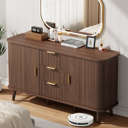 Laintene Sideboard with 3 Drawer, 55" Buffet Cabinet with 2 Sliding Tambour Doors, Modern Fluted Storage Cabinet for Kitchen, Living Room, Hallway, Walnut
