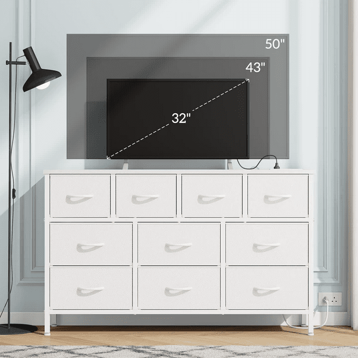 Laintene Dresser for Bedroom, TV Stand for 50" Long TV with Power Outlet, 10 Drawer Dresser for Closet, Fabric Chest of Drawers Entertainment Center for Living Room, Hallway, Entryway, White
