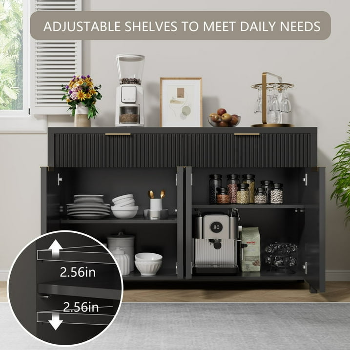 Buffet Cabinet with 2 Drawers, 55" Storage Cabinet with Fluted Panel Doors, Adjustable Shelves for Kitchen, TV Stands for Living Room, Entryway, Black
