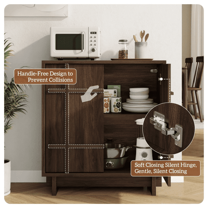 Laintene Sideboard Buffet with Lines Doors, Mid-Century Storage Cabinet with Adjustable Shelves for Kitchen Dining Room, Wood Coffee Bar for Living Room, Walnut Set of 2