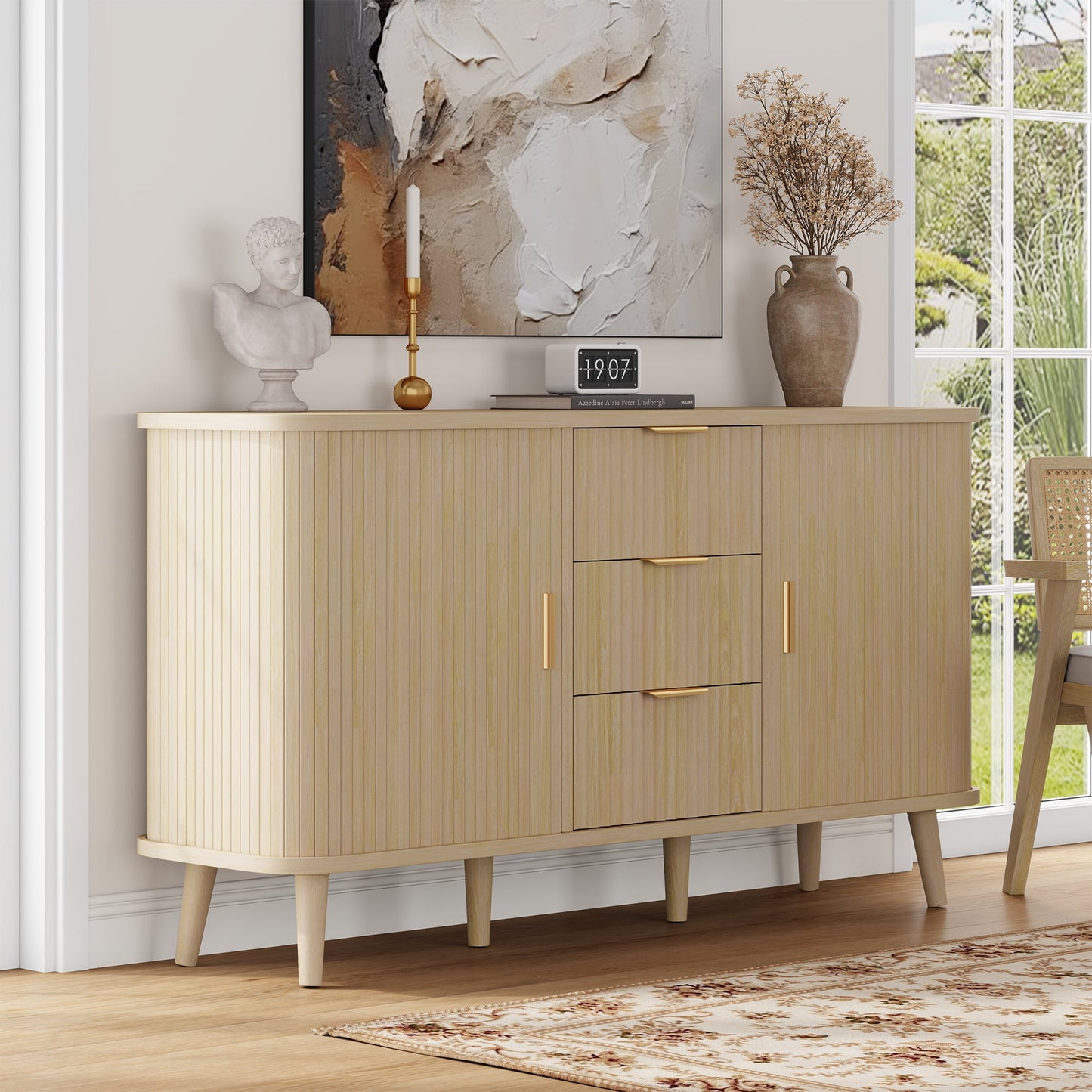 Laintene Sideboard with 3 Drawer, 55" Buffet Cabinet with 2 Sliding Tambour Doors, Modern Fluted Storage Cabinet for Kitchen, Living Room, Hallway, Natural Oak
