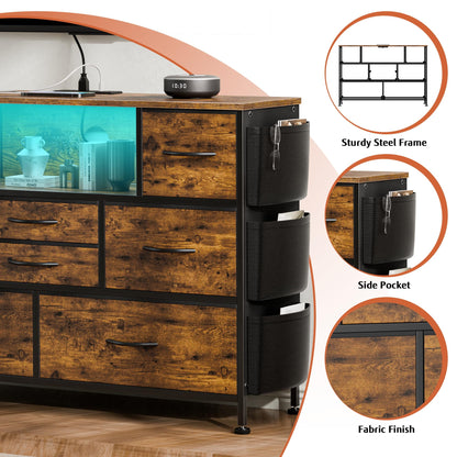 Laintene 8 Drawer Dresser, Dresser with Power Outlets LED Lights, Fabric Dressers for Bedroom TV Stand with Side Pocket, Chest of Drawers for up to 50" TV