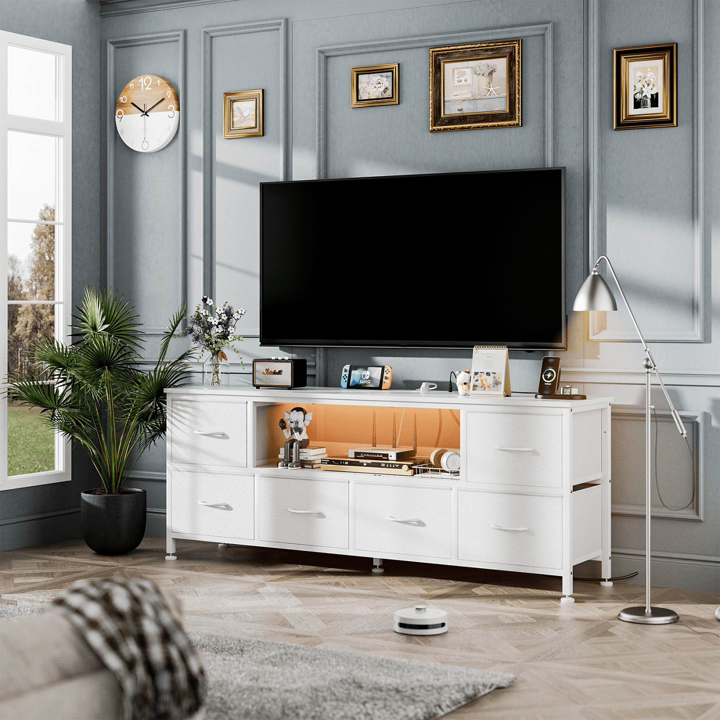 TV Stand Dresser with Power Outlets and LED Lights, 6 Drawer Console for 60 Inch TV, Dresser for Bedroom, Closet, Hallway