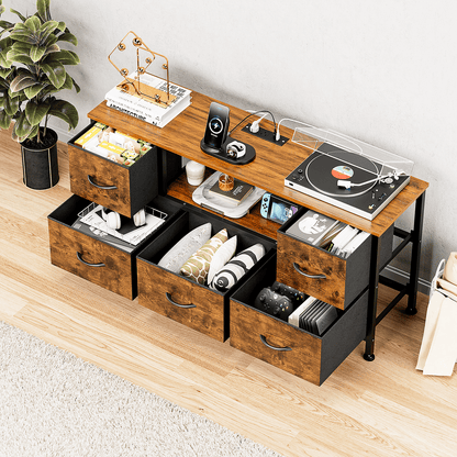 TV Stand Dresser with Power Outlets and LED Lights, 5 Drawer Console for 50 Inch TV, Dresser for Bedroom, Closet, Hallway