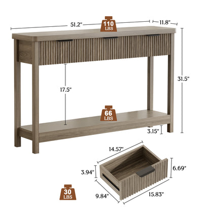 Laintene Fluted Console Table, 51" Narrow Entryway Table with 3 Drawers, Console Table Sofa Table with Storage Open Shelf, Modern Display Shelf for Hallway Living Room, Gray Oak