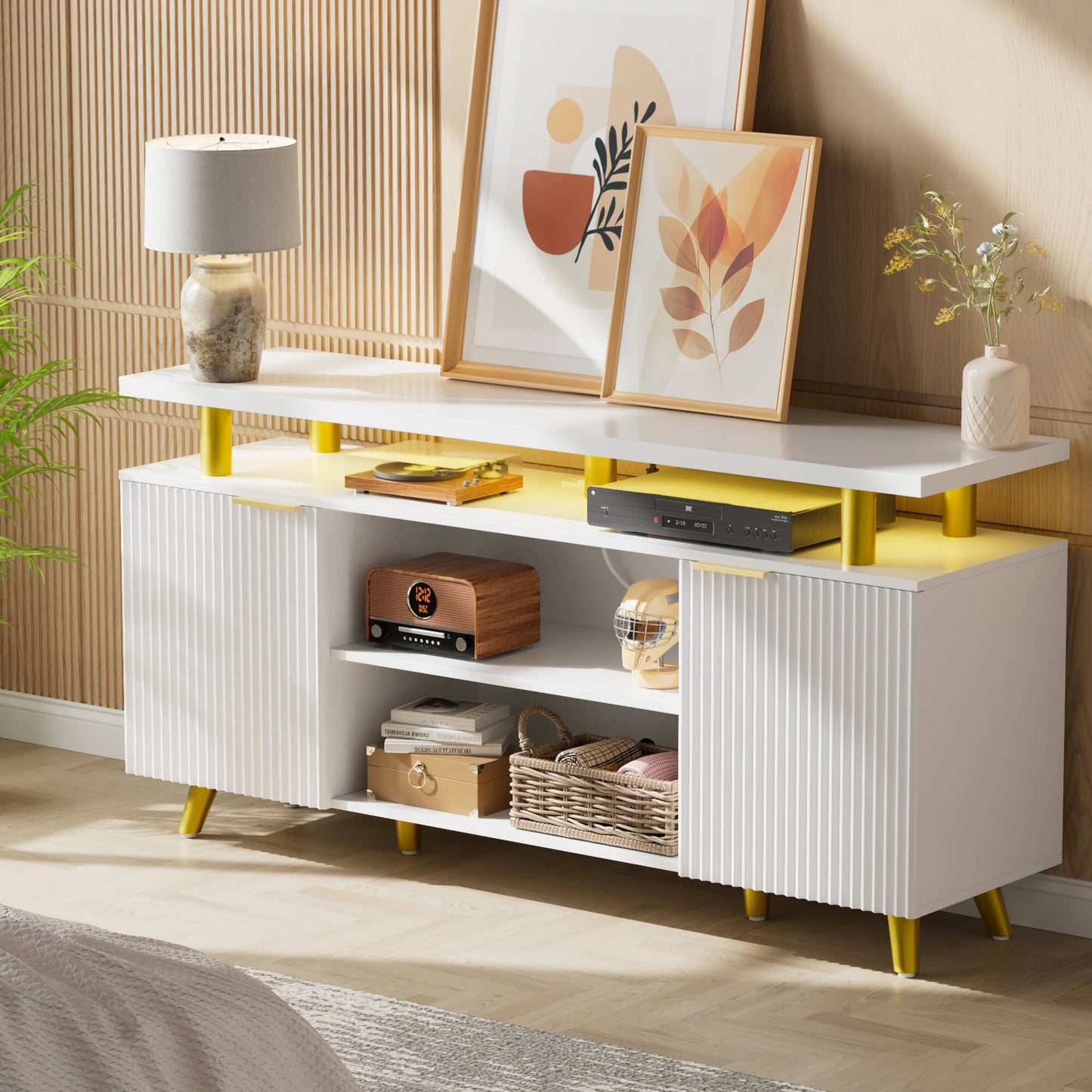 LainTene 65" Fluted LED TV Stand with Power Outlets - Modern Entertainment Center with Adjustable Shelves, Storage Cabinets & Ambient Lighting for Living Room, Natural Finish