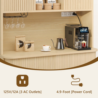Laintene Kitchen Pantry Cabinet with Wine Rack, Storage Cabinet with Tambour Sliding Doors, Bar Cabinet with Glass Holder, Pantry Storage for Living Room, Kitchen, Entryway, Natural Oak